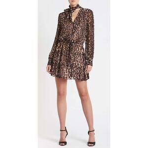 Paige Cleobelle Silk Natural Leopard Animal Mini Dress Tie Neck S *missing belt